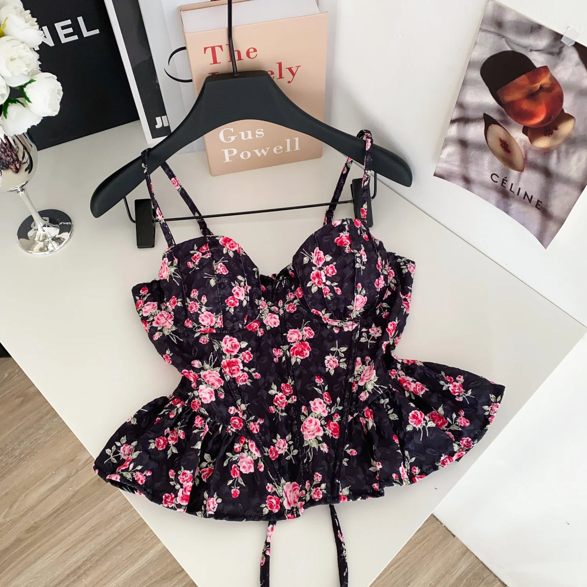 French Corset Print Ruffle Strap Tank Top for Women