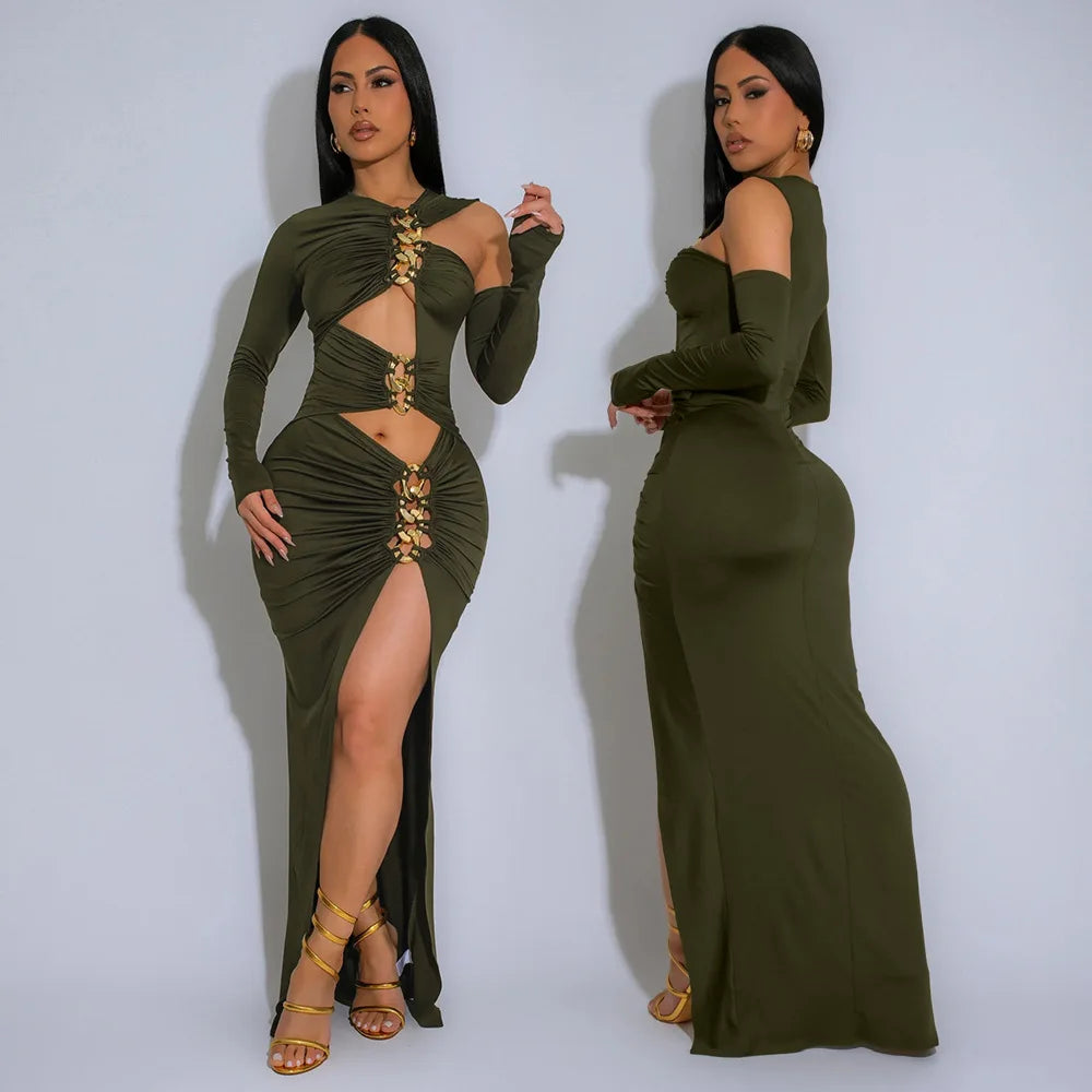 Joskaa Elegant Metal Decoration Hollow Birthday Dress Woman Sexy Irregular Full Sleeve High Split Maxi Dresses 2025 Clubwear