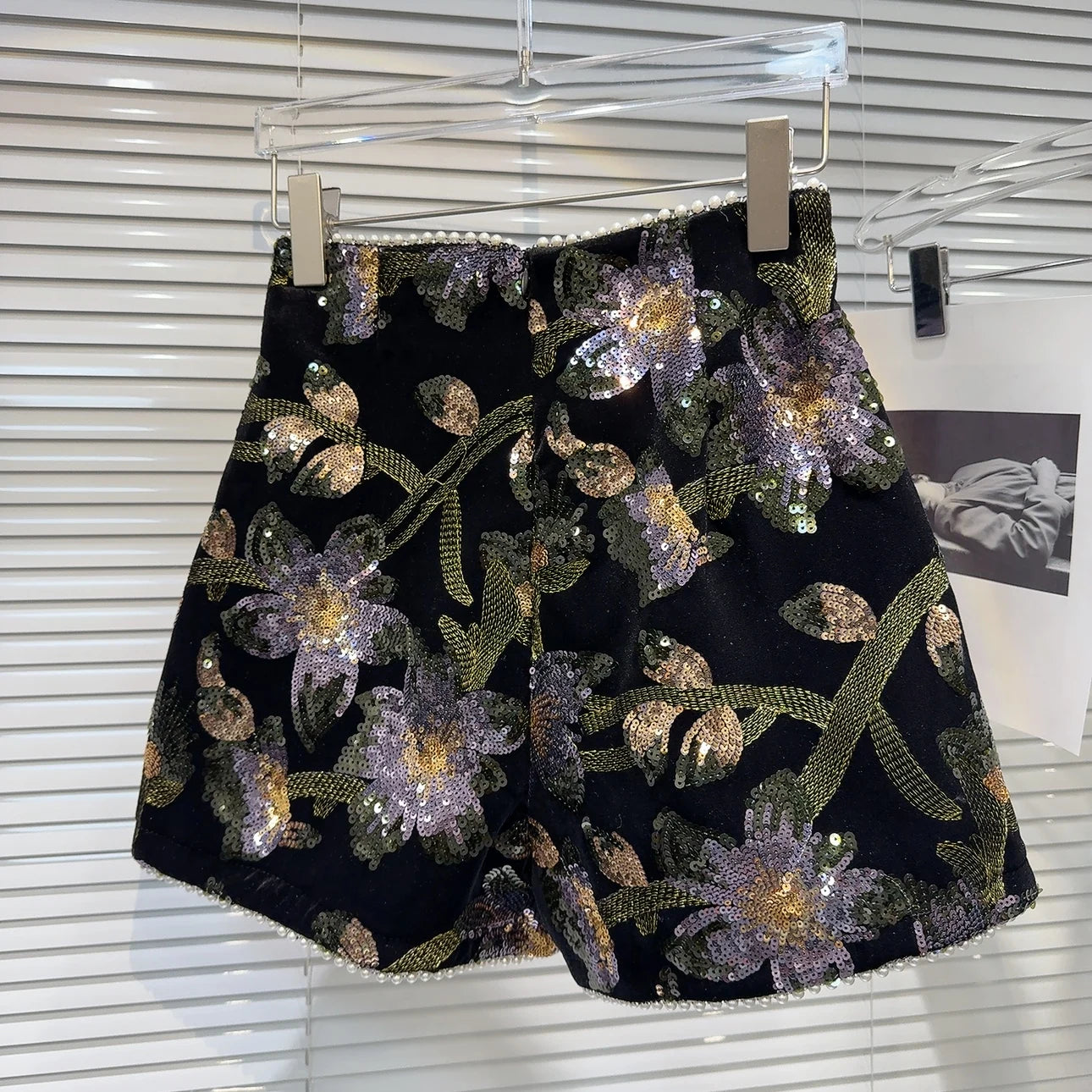 Sequined Embroidered Velvet Shorts