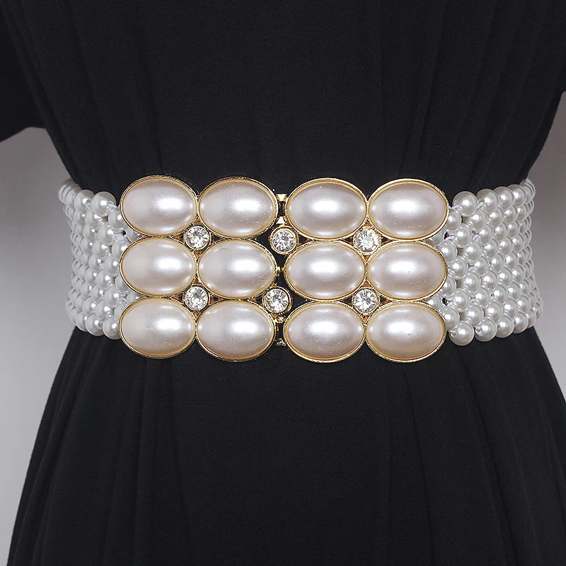 Pearl Embellished Elastic Waist Chain Belt for Women