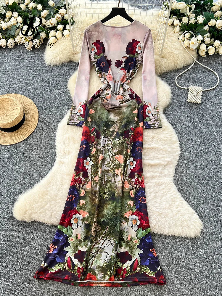 Vintage Floral Print Long Sleeve Maxi Dress for Women