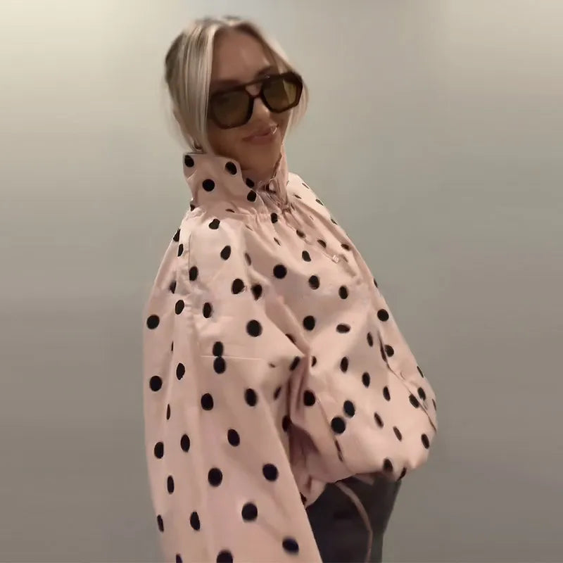Polka Dot Lace Up Stand Collar Single Breasted Jacket for Women