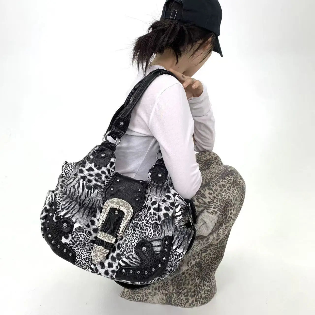 Leopard Print Patchwork Tote Bag with Pockets for Women