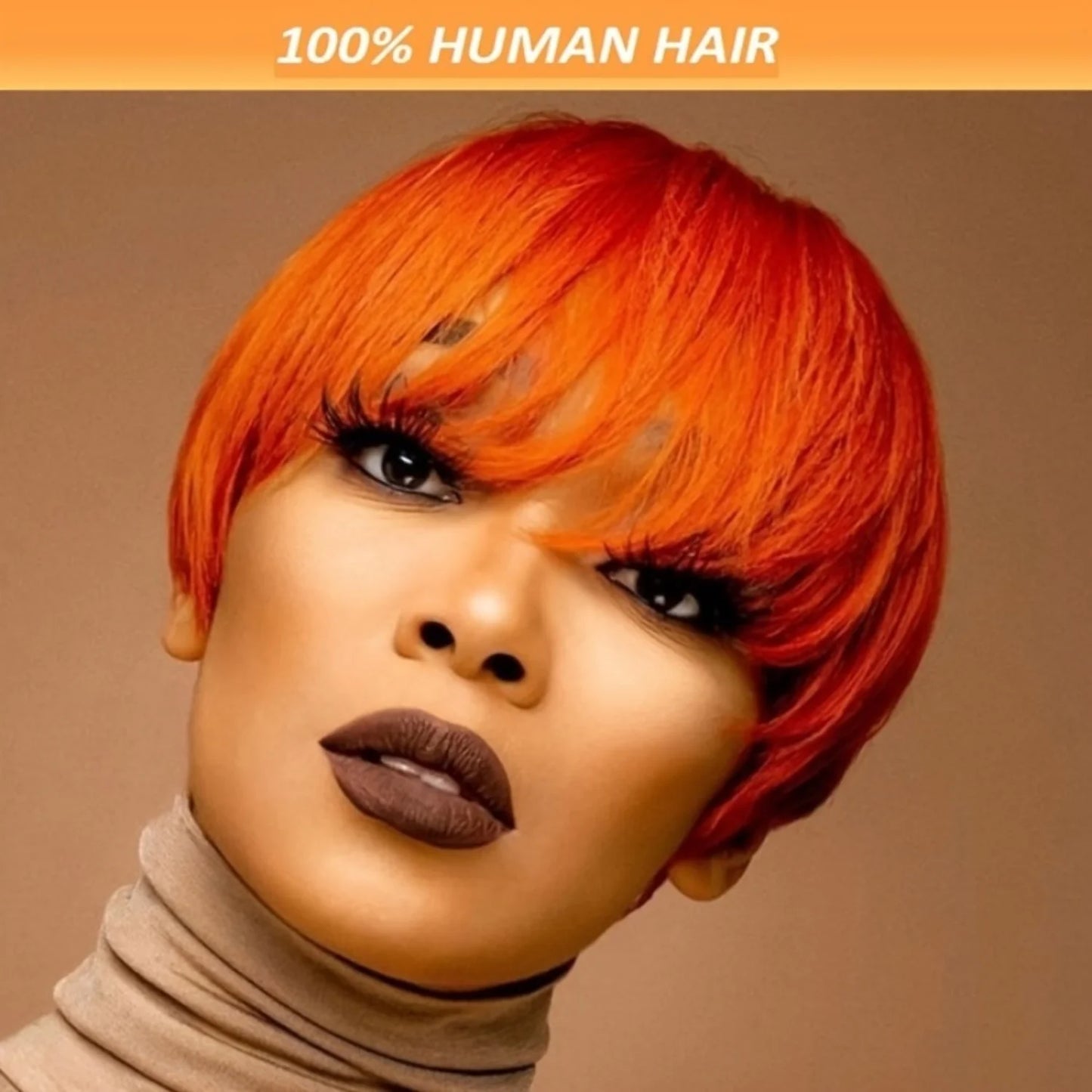 Short Orange Pixie Cut Human Hair Wig With Bangs For Women