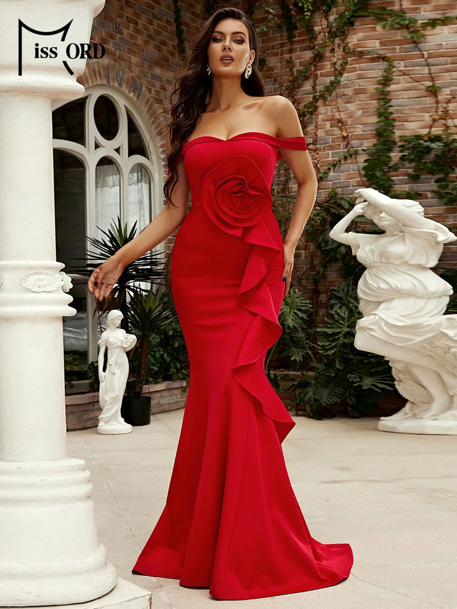 Missord New Off Shoulder Red Chic Elegant Mermaid Asymmetrical Evening Gown Floral Wedding Birthday Party Cocktail Maxi Dress