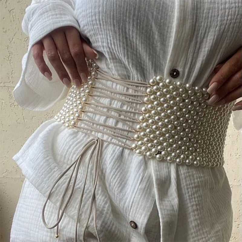 Pearl Rhinestone Elastic Waist Chain Belt for Women