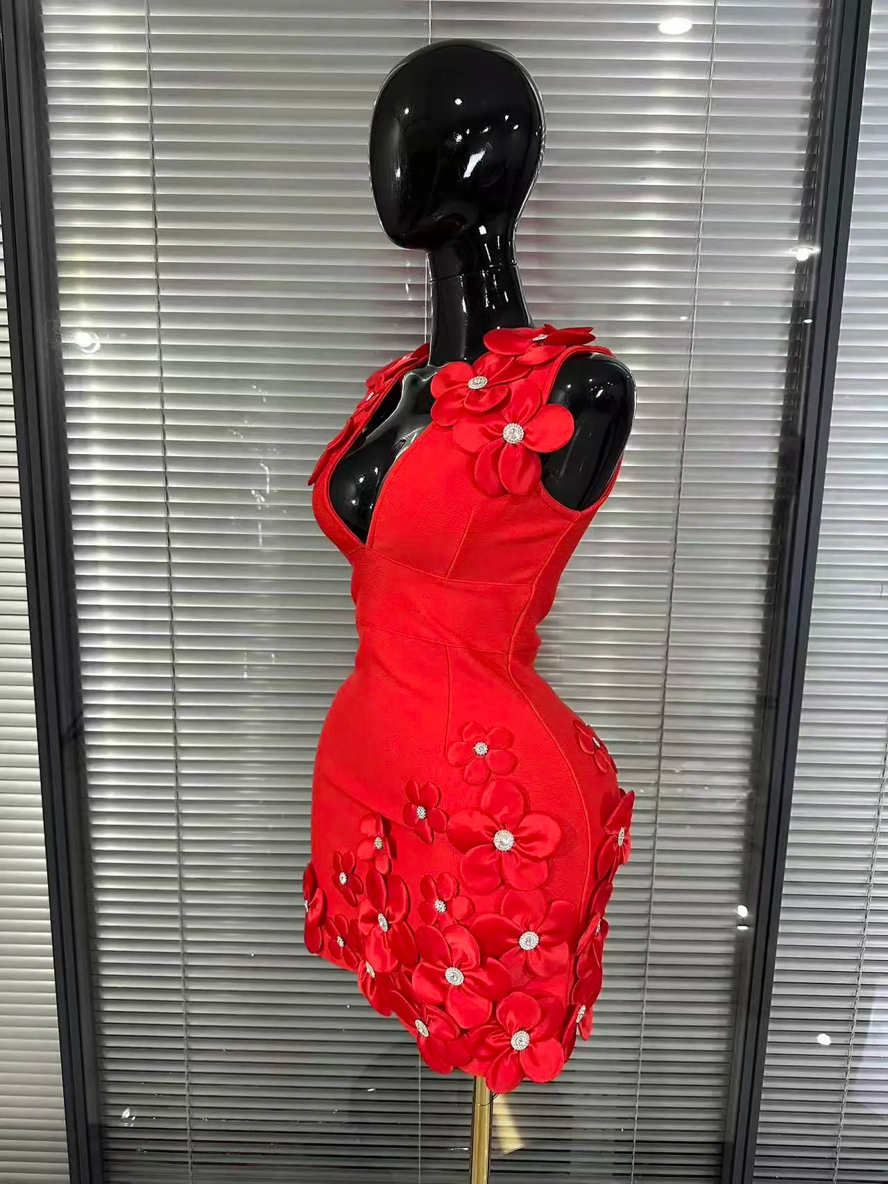 Black Red Women Sexy Sleeveless V-Neck Florals A-Line Bandage Dress Celebrate Nightclub Party Evening Birthday Photohoot Wear