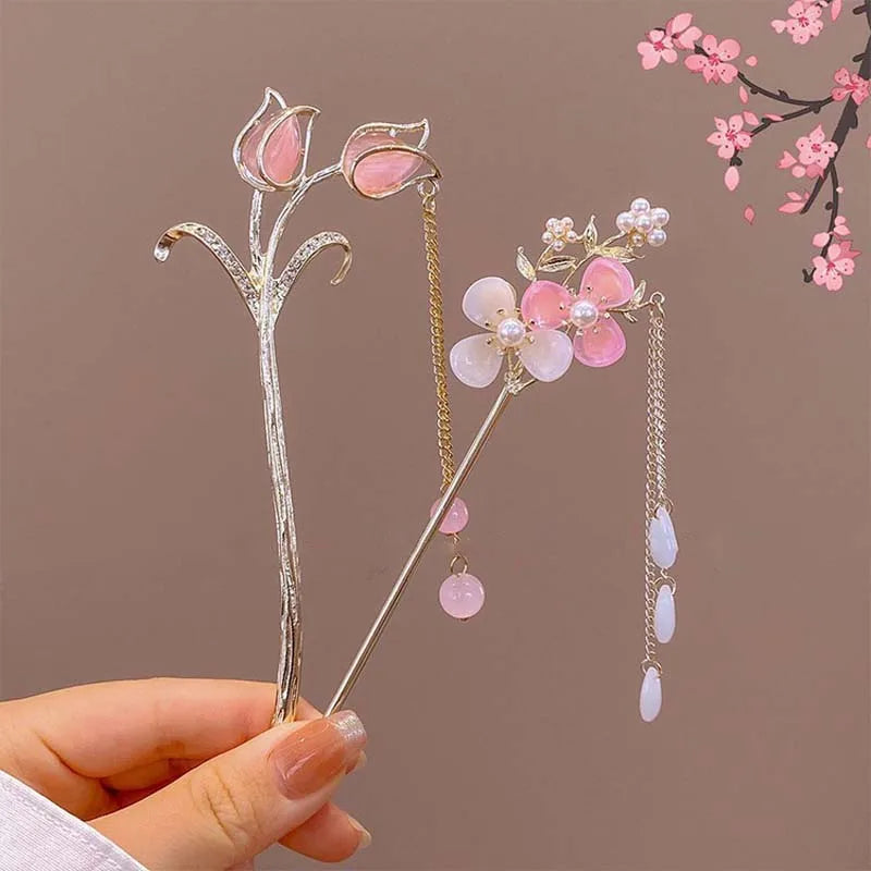 Floral Crystal Tassel Hair Sticks