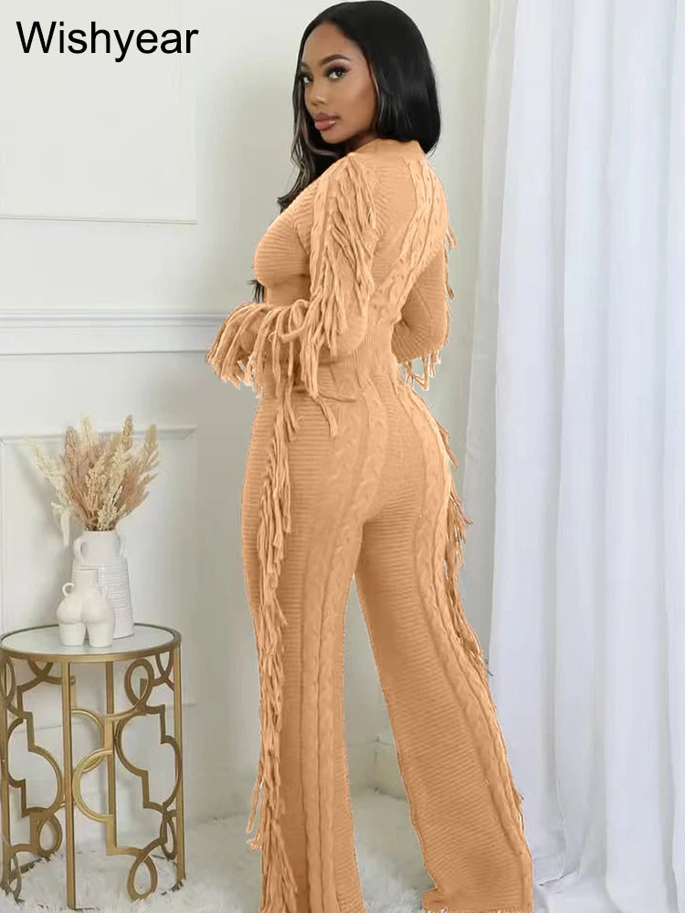 Casual Winter Warm Knitted Sweater Tassel 2 Piece Set  Women Long Sleeve Crop Top and Pants Streetwear outdoors vacation Outfits