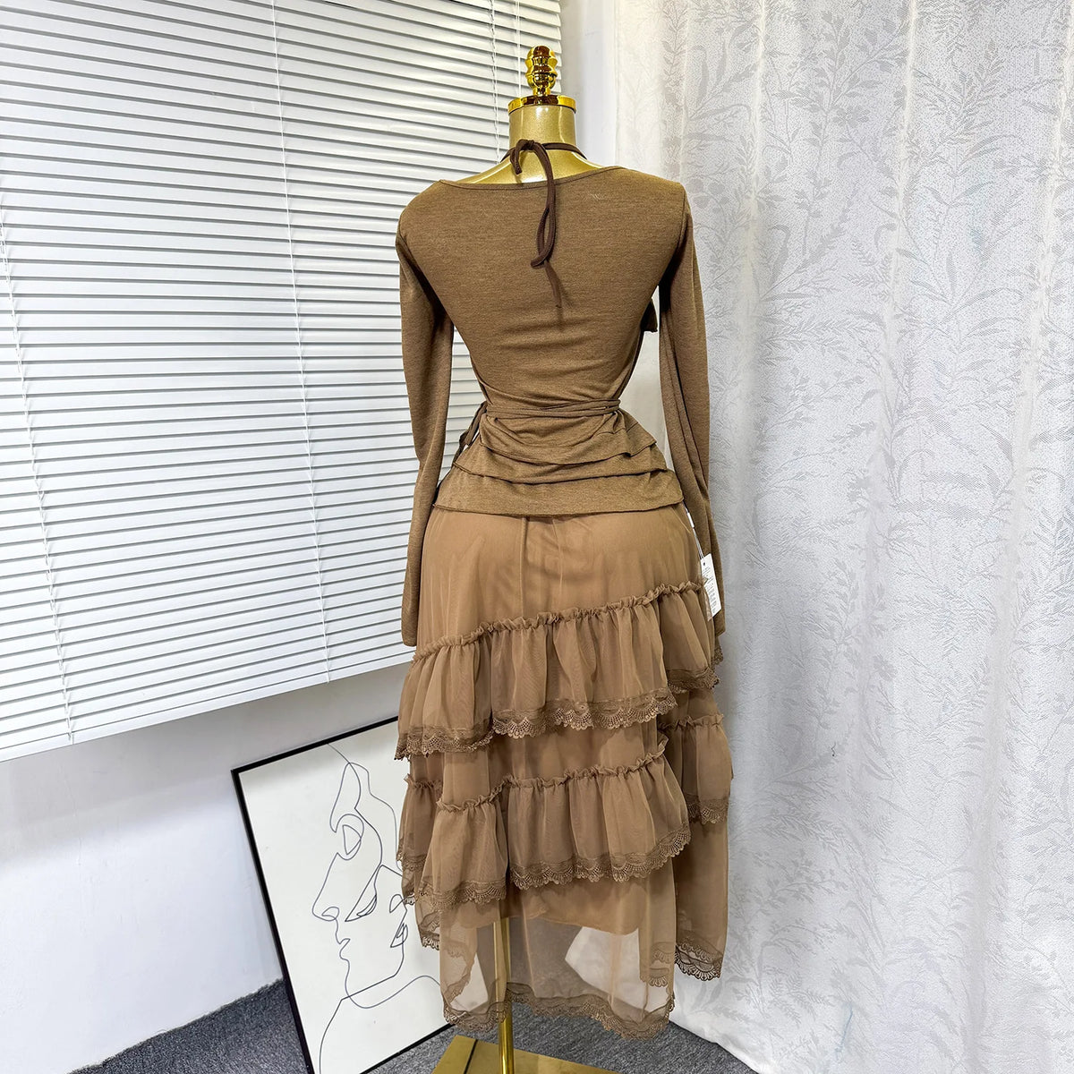 Elegant Mesh Ruffle Hem Halter Neck Dress Set for Women