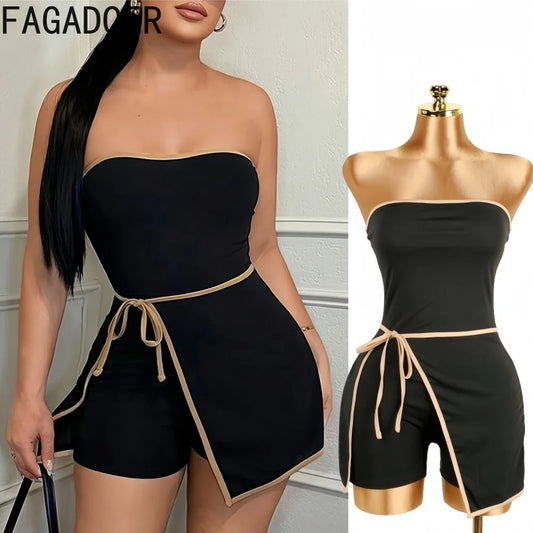 FAGADOER Sexy Striped Patchwork Bodycon Jumpsuits Women Solid Sleeveless Backless One Piece Rompers Female Streetwear Overalls