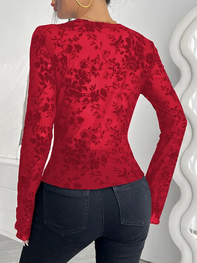 Bonboho Women's Solid Color Lace T-shirt V-neck Long Sleeves Slim Fit Pullover Shirts 2026 Spring Summer Elegant Blouse
