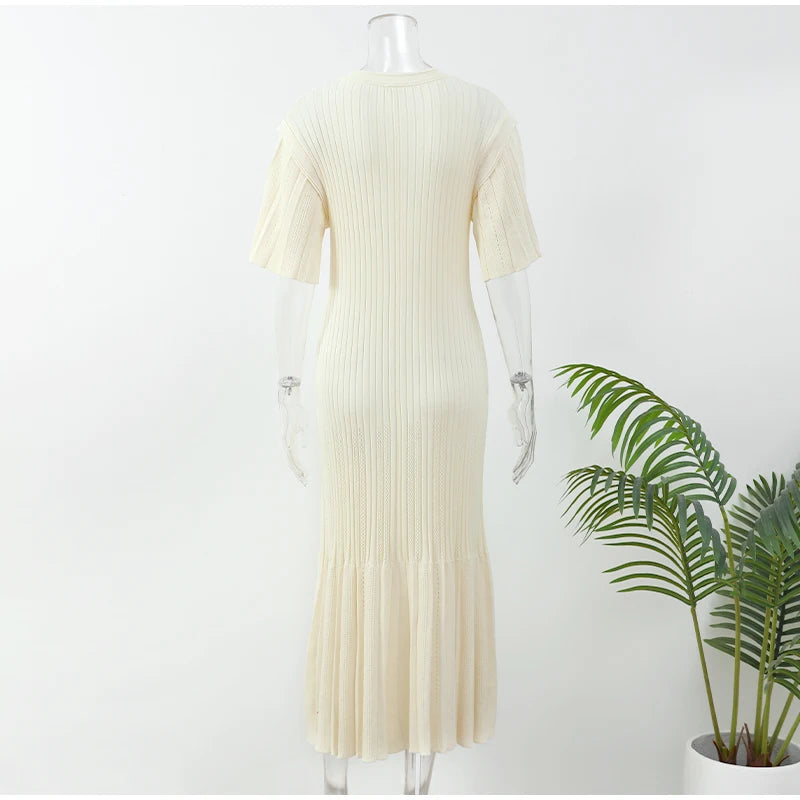 Elegant Pleated Hem Street Fashion O Neck Bell Sleeve Slim Knit Midi Dress 2025 Women Summer Beach Swimsuit Cover Up Tunic A3055
