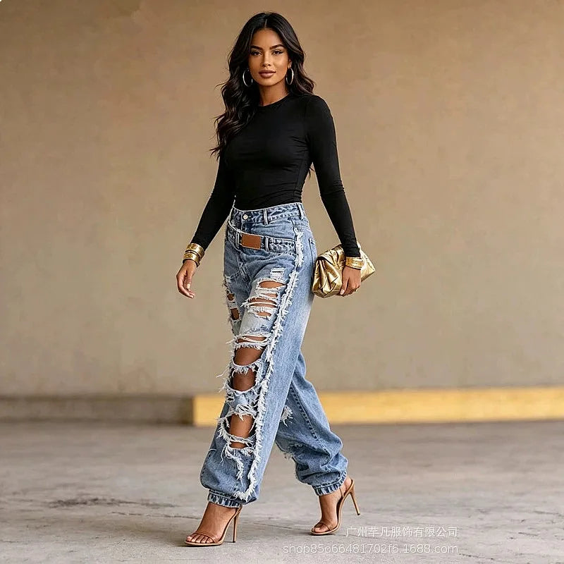 High Waist Ripped Frayed Denim Wide Leg Jeans for Women