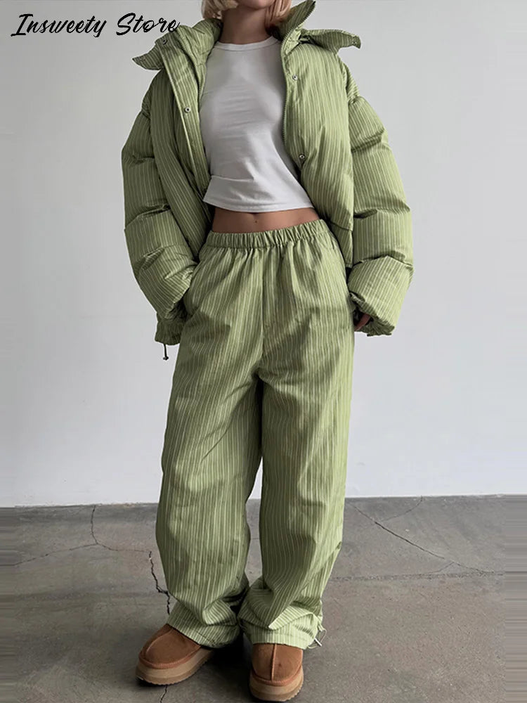 Striped Hooded Puffer Jacket and Wide Leg Pants Set for Women