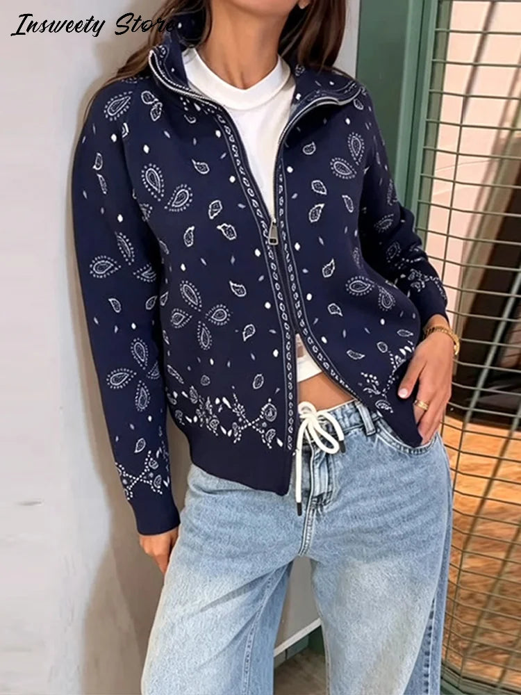 Vintage Printed Knit Stand Collar Zip Cardigan for Women