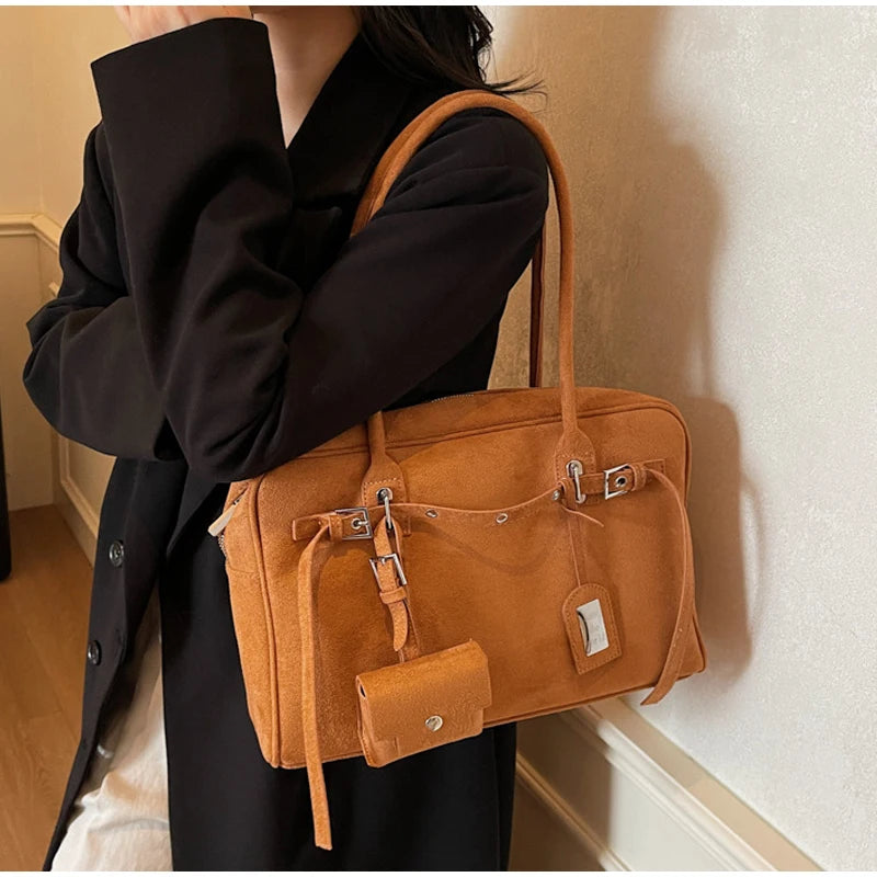 Retro Suede Square Handbag Fashion Versatile High-quality Texture Underarm Bag Exquisite Hardware Design Work Commute Tote Bag