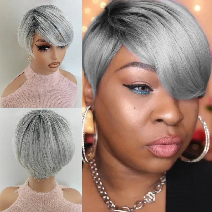 Natural Short Layered Pixie Wig With Bangs For Women