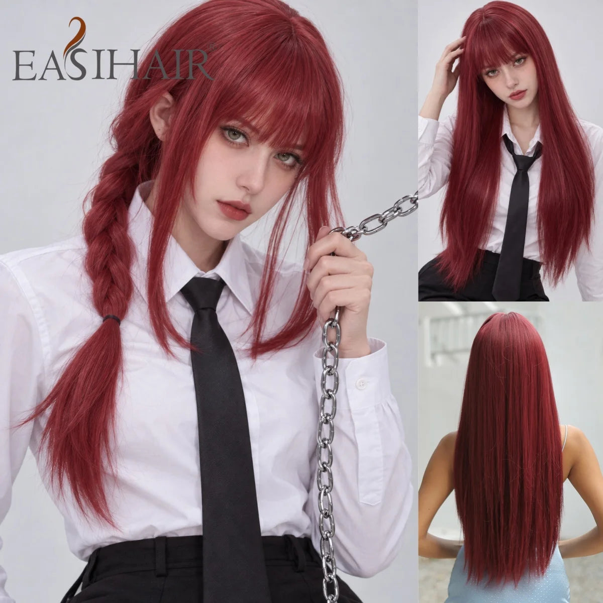 Long Straight Dark Red Cosplay Wig With Bangs for Women