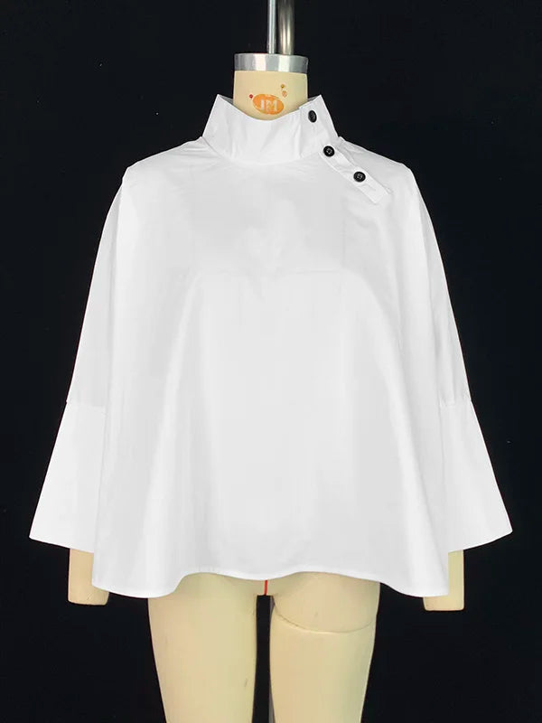 Beautyblue Women's Ubran Blouses White Shirts Tops Fashion Cotton Stand Collar Loose Long Sleeves Buttons Simple Women Clothing
