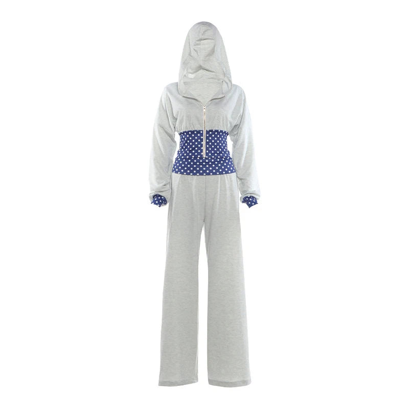 Polka Dot Hooded Zipper Crop Top And Wide Leg Pants For Women
