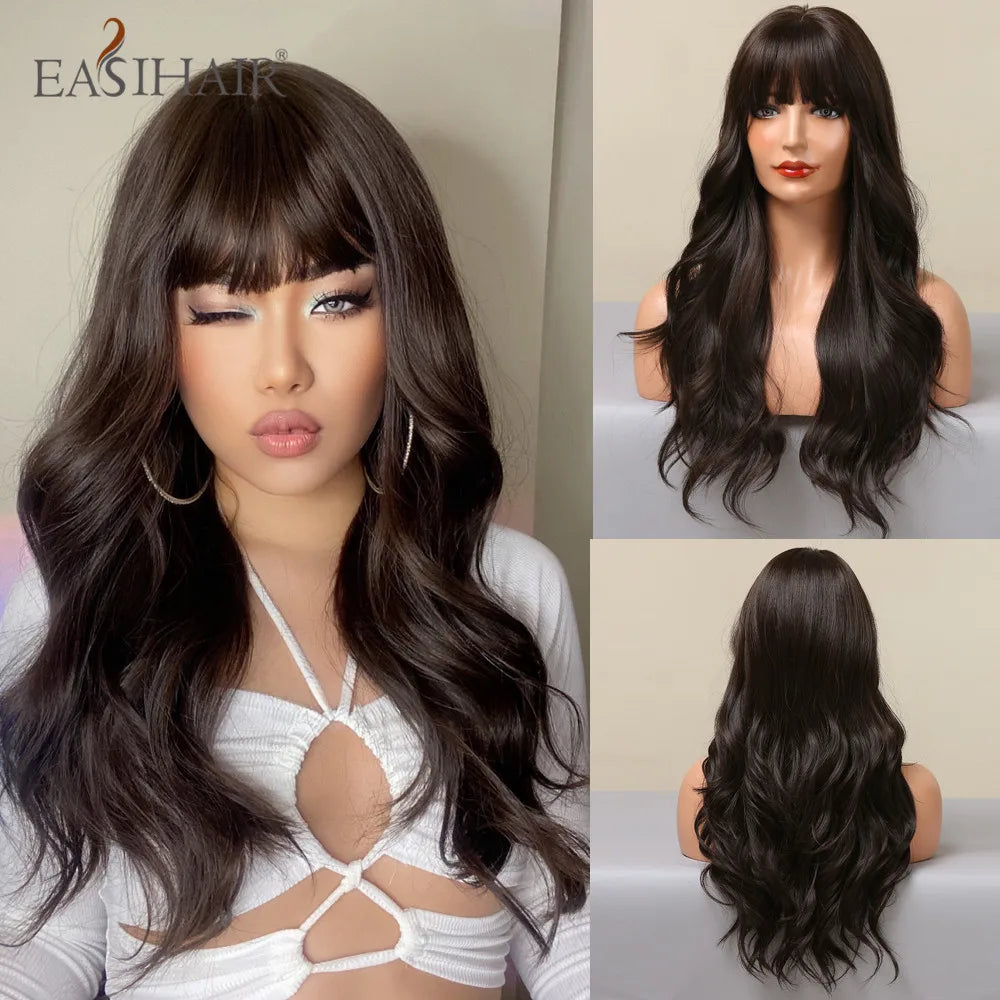 Long Wavy Black Synthetic Wig With Blonde Bangs for Women