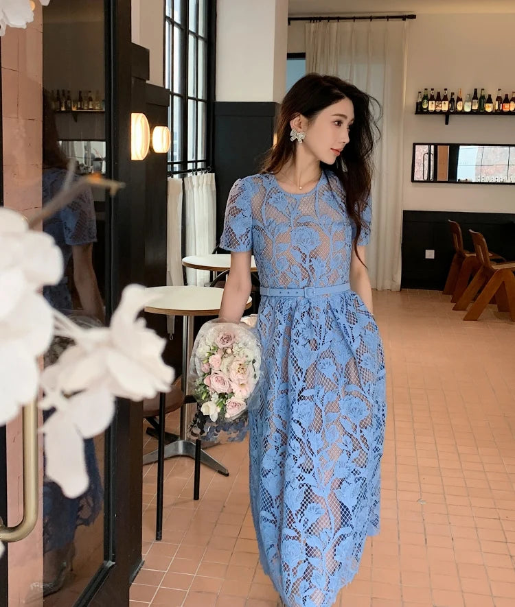 High-end Blue Heavy Lace Hollow Round Neck Short Sleeve Women's Summer Dresses New Elegant High Waist Slim Long Party Dress