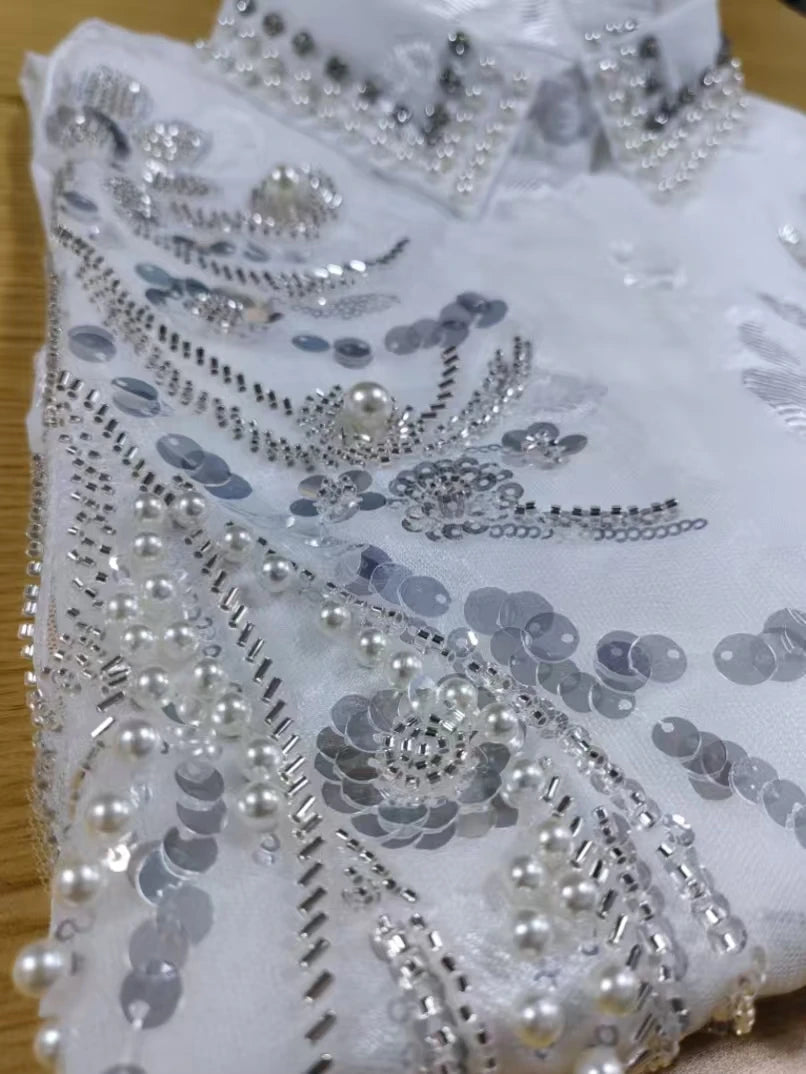 Elegant Embroidered Pearl Sequin Lantern Sleeve Blouse for Women