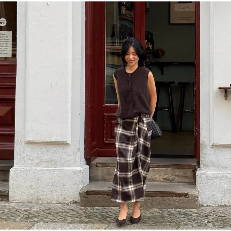 Women Checked Midi Skirt Fashion Casual Pleated Irregular High Waist Slim Mid-length Bottom Lady Daily New Commute Street Skirts