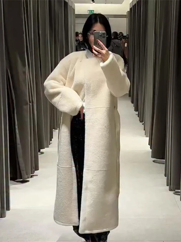 Lace Up Elegant White Faux Fur Long Coat for Women