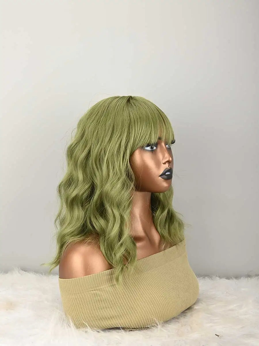 Natural Green Synthetic Wavy Bob Wig With Bangs For Women