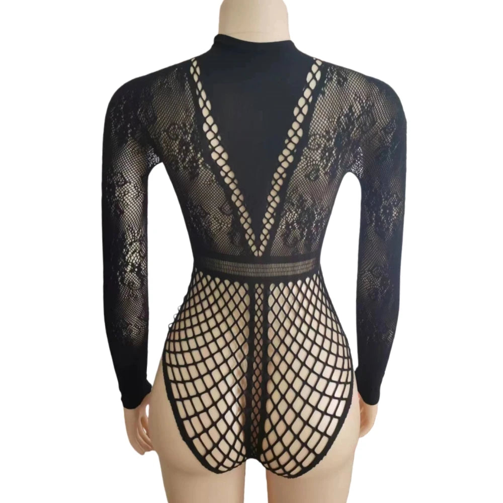 Sexy Rhinestone Mesh Two-Piece Bodysuit Set for Women