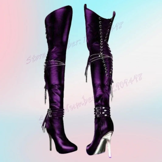 Purple Cross Tied Over The Knee Boots Patent Leather Pointed Toe Shoes for Women Thin High Heels Shoes 2025 Zapatos Para Mujere