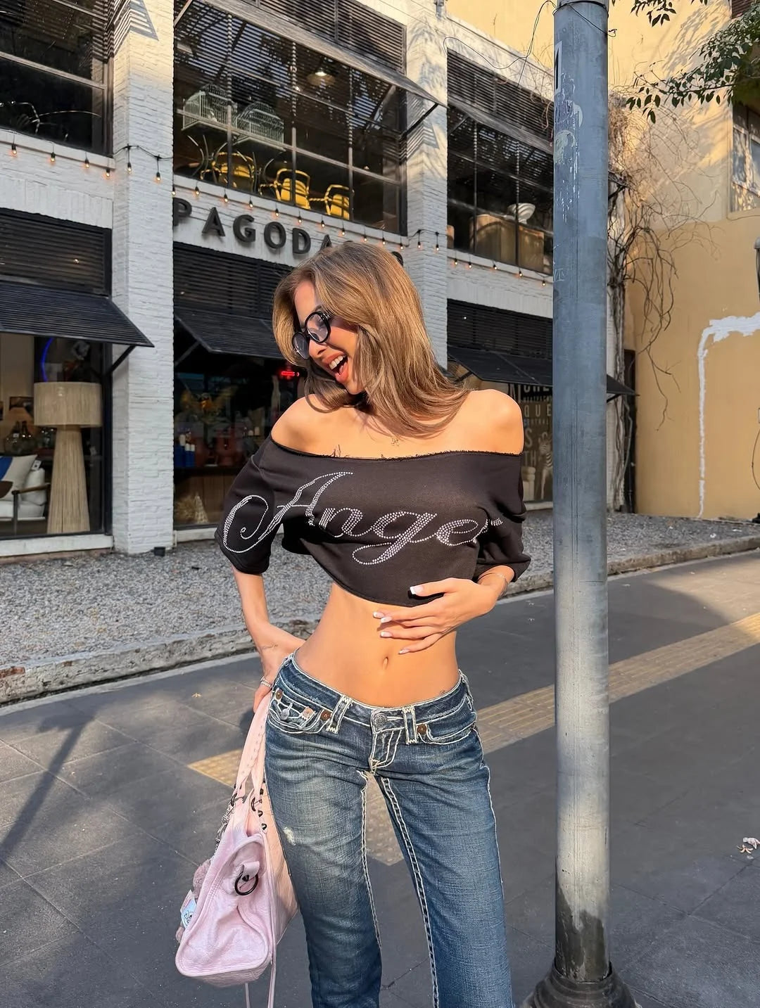 Rhinestone Letter Off Shoulder Cropped Tee for Women