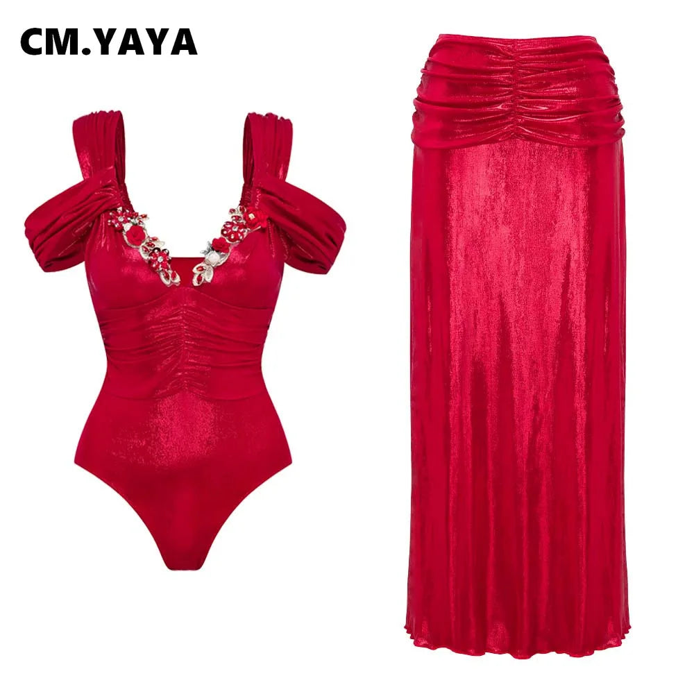 CM.YAYA Women Swimwears Butterfly Beach Strapless Swimsuit + Long Skirt Holiday Summer Two 2pcs Set Bikinis Set Bathing Suit
