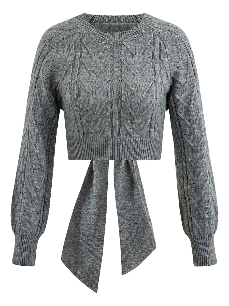 Women'S Knitted Sweater With Backless Lace Up Round Neck Long Sleeved Crop Top  Casual Streetwear  Bow Knit Sweater