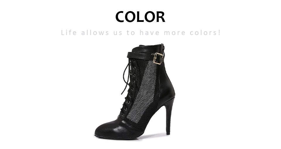 Black Mesh Latin Dance Booties With High Heels for Women