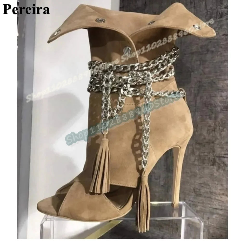 Black Leather Metal Chain Tassels Ankle Boots Stilettos High Heel Shoes For Women Button Peep Toe Stylish Zapatos Para Mujer