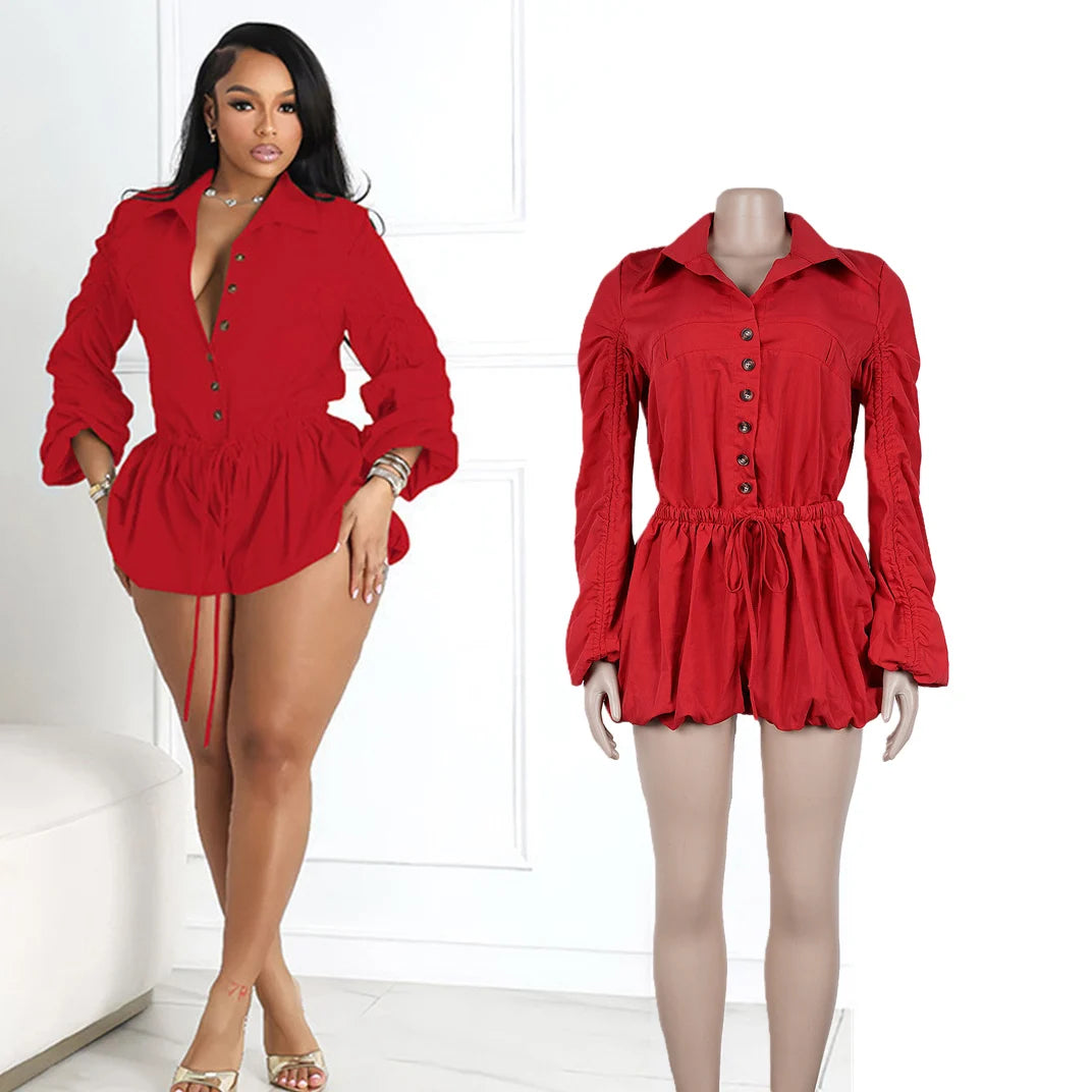 Elegant Ruched Drawstring Lantern Sleeve Romper for Women