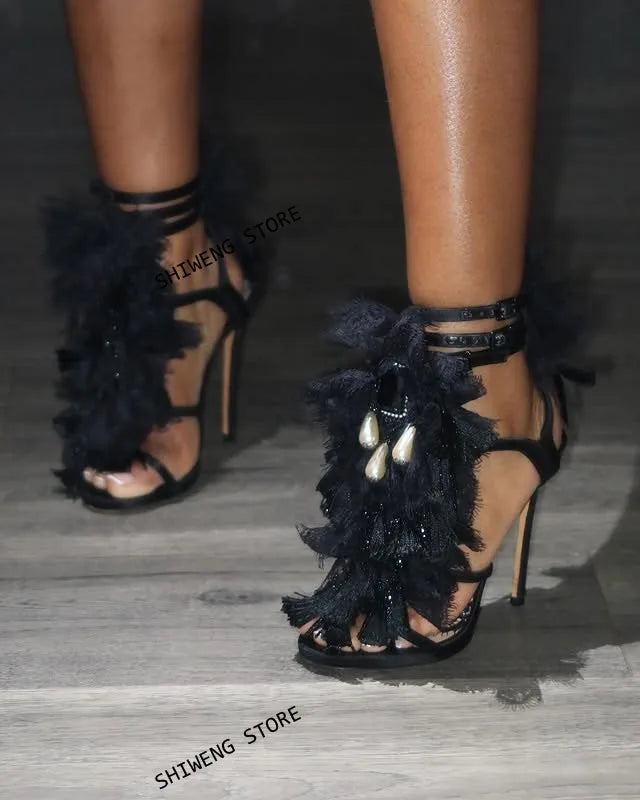 Vintage Fur Open Toe Cross Strap Sandals for Women
