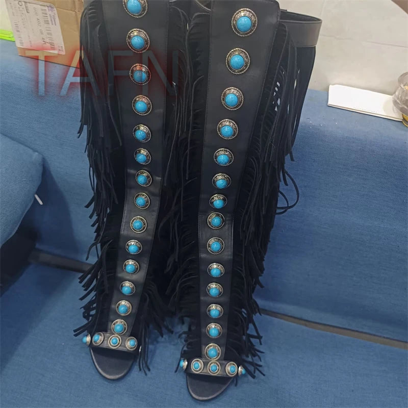 Open Toe High Heel Fringe Tassel Gladiator Sandals for Women
