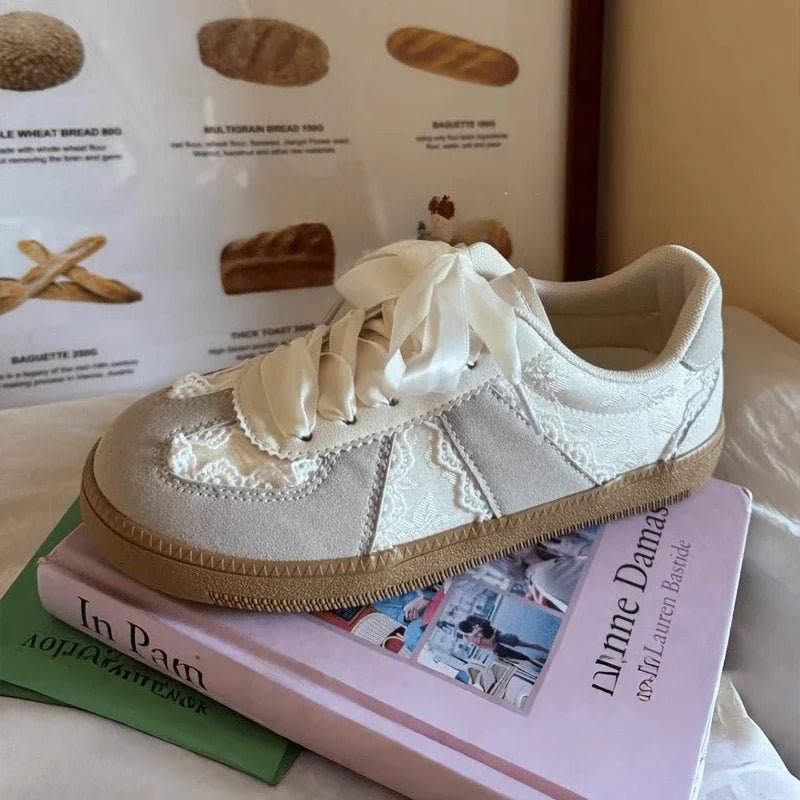 Cream French Lace Satin Ribbon Vintage Sneakers For Women
