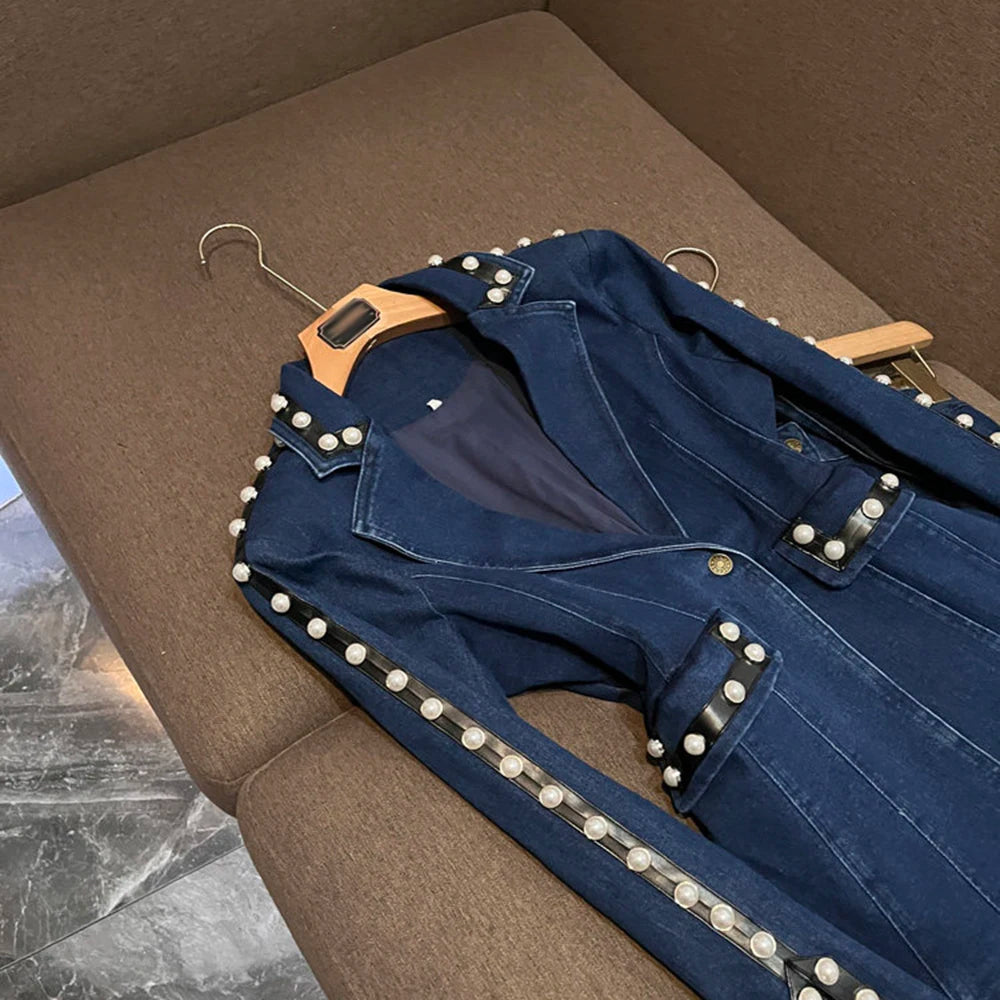 TWOTWINSTYLE Blue Denim Pearl Embellished Suit for Women Tailored Blazer Flared Pants Two Piece Set for Fashion Shows KSE559320