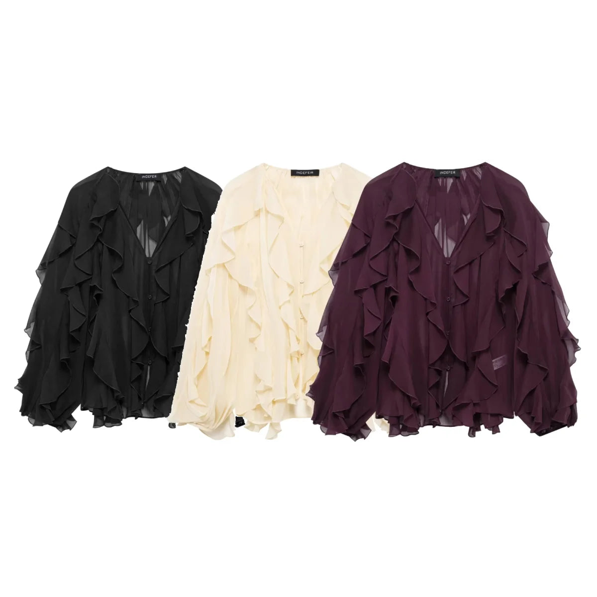 TRAFZA 2025 Women Elegant Solid Ruffles Blouse Spring Female V-Neck Long Sleeved Gauze Shirt Casual Hollow Out Lady Clothes