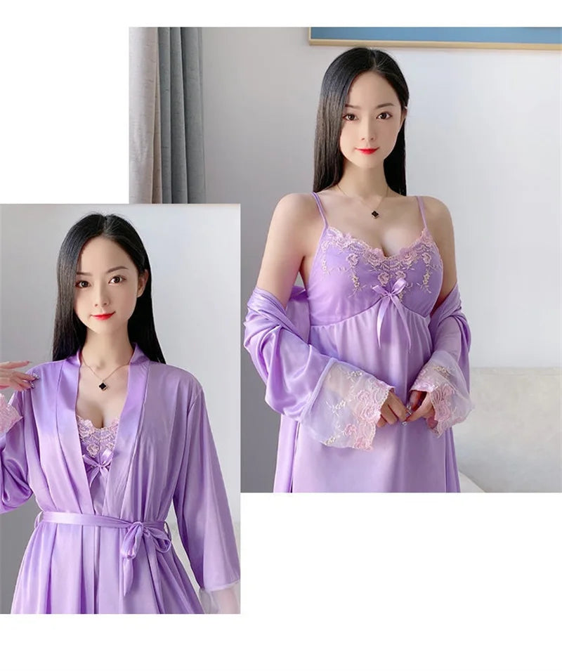 Comfortable Relaxed Fit Lace Up Two Piece Robe Set For Women