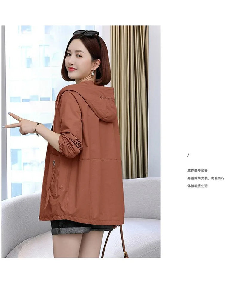 Lining Hooded Coat Female Spring And Autumn Temperament Short Jacket Casual Short Trench Coat Female Hooded Outwear Khaki
