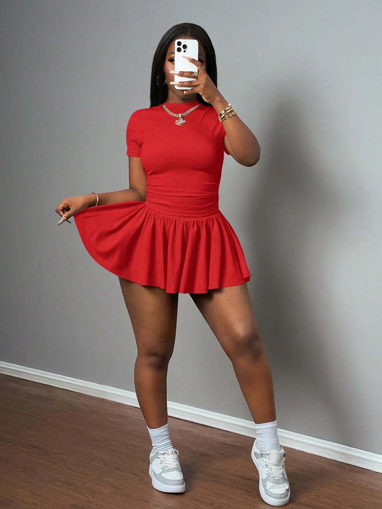 Casual Ribbed Two Piece Set with Crop Top and Pleated Skirt for Women