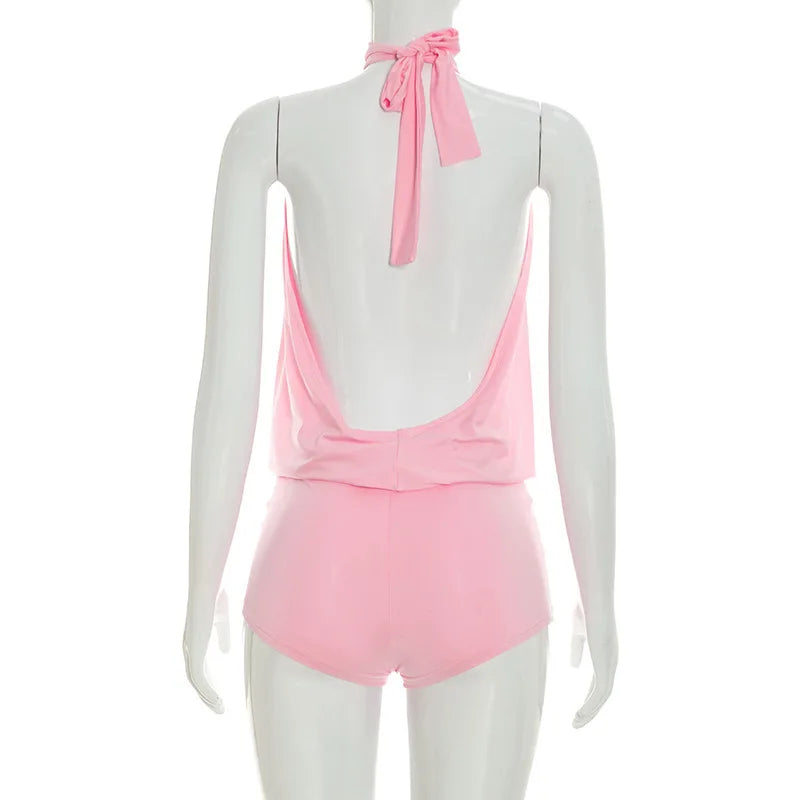 Metal Buckle Halter Backless Ruched Sleeveless Peach Rompers for Women