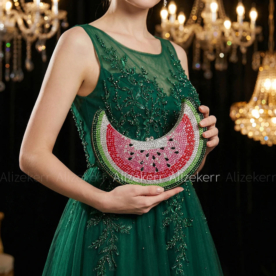 Moon Shaped Diamond Evening Bag with Watermelon Rhinestones for Women