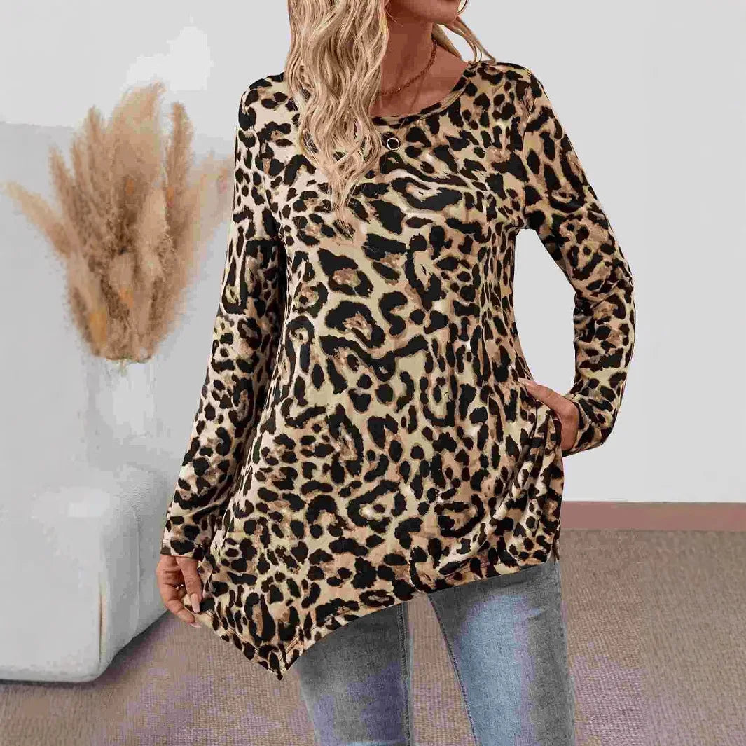 Women Leopard Print Tunic Top Long Sleeve Loose Fit Swing Blouse Irregular Hem Casual Flowy A-Line Shirt Streetwear